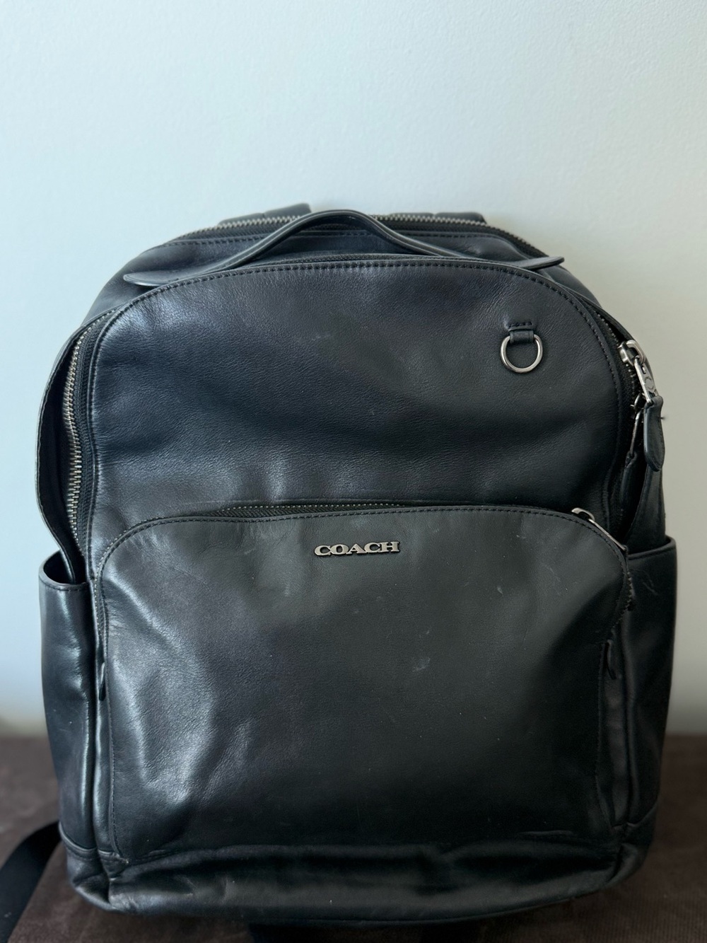 Coach Black Leather Backpack with Silver-Tone Logo